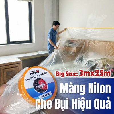 Màng nilon che bụi khổ lớn 3mx25m. Nilon khổ lớn dùng để che bụi, che sơn khi sửa nhà. Bọc nilon 3mx25m dùng để che phủ nội thất - ảnh 1