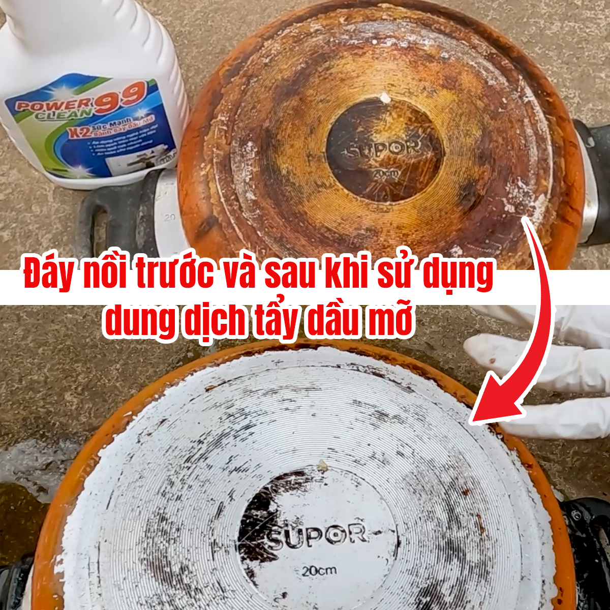 Tẩy đáy nồi lâu năm bằng nước tẩy rửa Power Clean 99